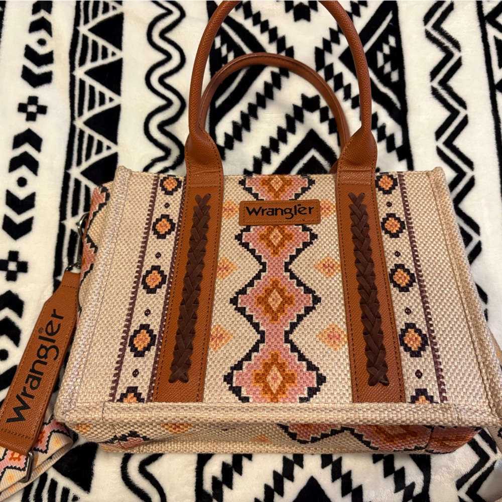 Wrangler Tan and Brown Geometric Tote Bag